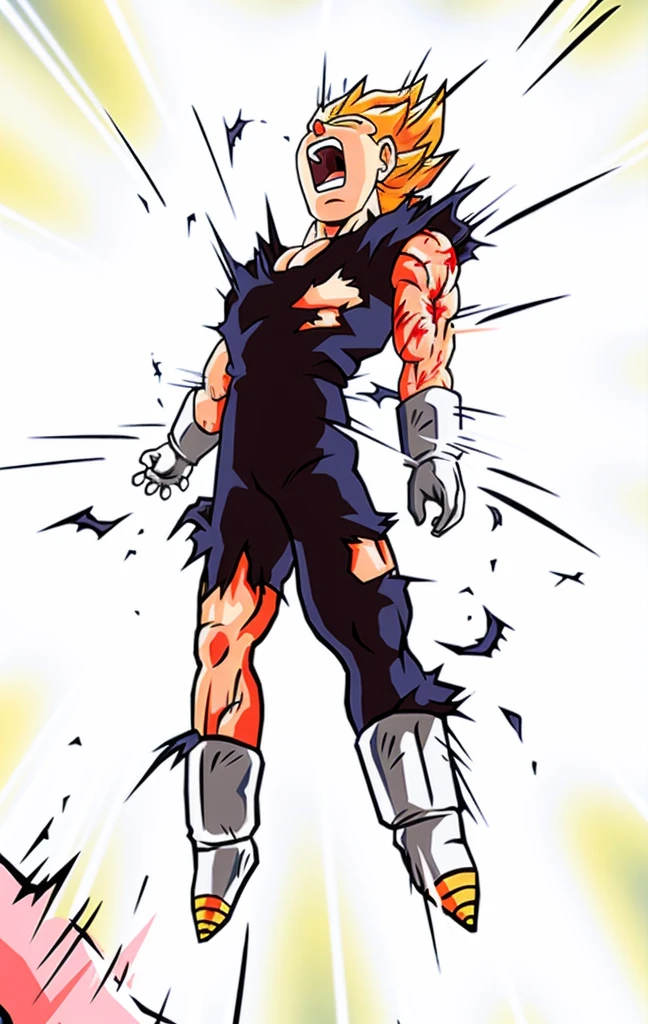Man screaming with his eyes closed, he is flying and his clothes are disintegrating as he is about to explode with energy. Spiky golden hair, dark blue outfit, long white gloves, and a futuristic white boot with golden tips.