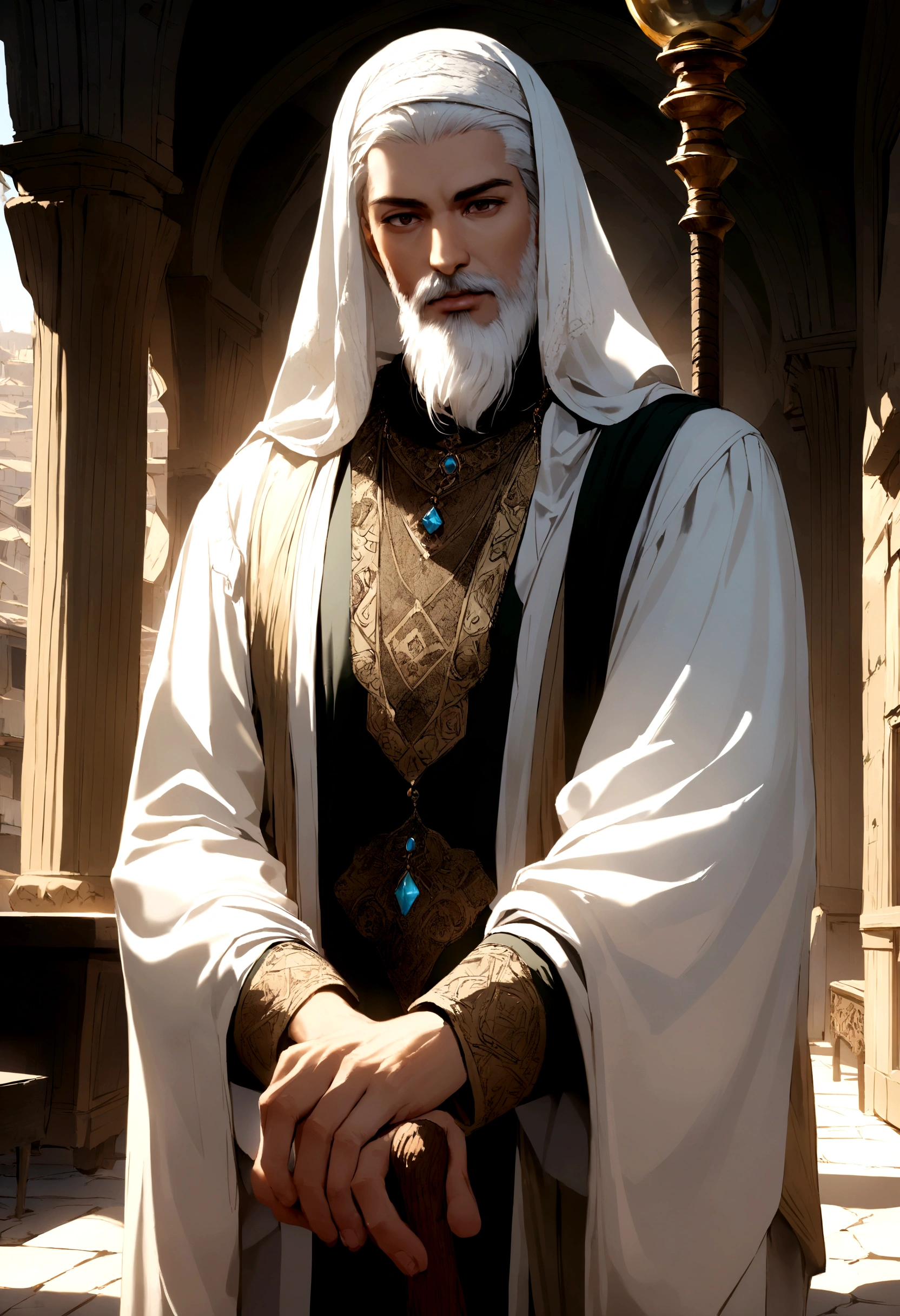 create a Muslim style man with clothes from the time of Jesus
the man with a white beard and white hair in his hand holding a staff