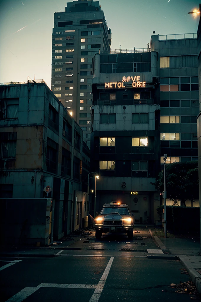 Inspired by the film Return of the Living Dead, (Work of art), (Super-8 cinematic format), (old film from the 80s), (night), (horror), destroyed streets, (grainy image), (high saturation), A four-story white hospital, with a helicopter perched on the roof, only the reception light is on, a lawn outside.