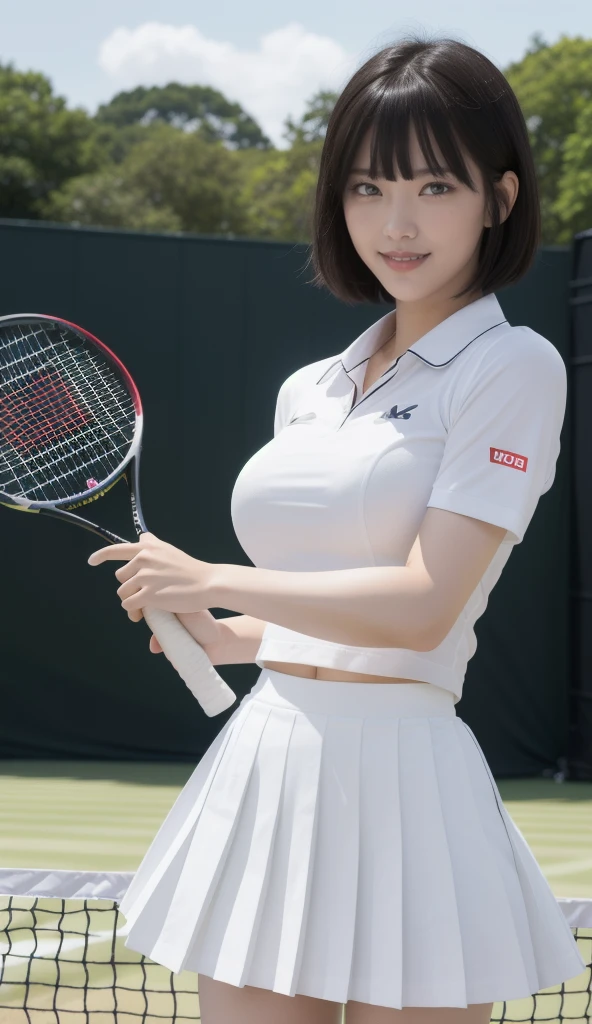 1People Girls、shirt、Pleated skirt、17 years old、Bob Hairstyle、超Big Breasts、Big Breasts、Smile!、Japanese、Maid、Chromo White Skin、Beautiful Eyes、(Big Breasts)、Play tennis、Wimbledon、Wearing white tennis wear、Cinema Lighting、Upper body portrait、