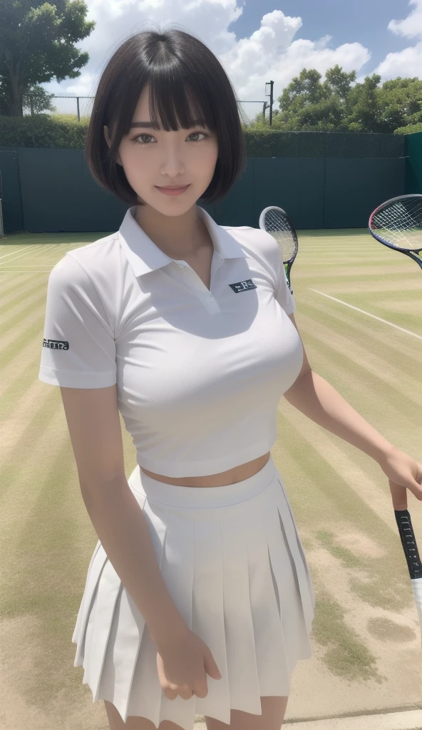 1People Girls、shirt、Pleated skirt、17 years old、Bob Hairstyle、超Big Breasts、Big Breasts、Smile!、Japanese、Maid、Chromo White Skin、Beautiful Eyes、(Big Breasts)、Play tennis、Wimbledon、Wearing white tennis wear、Cinema Lighting、Upper body portrait、
