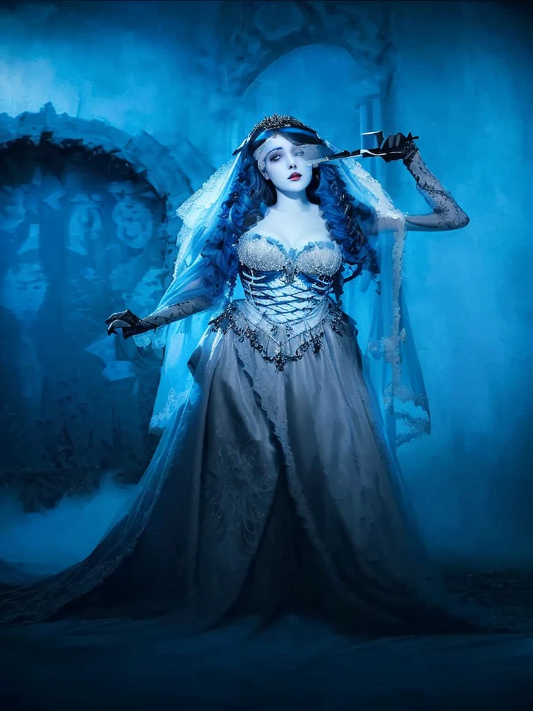 a woman dressed in a blue dress and a veil holding a sword, Corpse Bride Style, corpse bride art style, gothic maiden, Gothic ghost maiden, por Jeanna bauck, inspired by Louis Grell, glamorous cosplay, gothic maiden of the dark, costume with blue details, inspired by Anne Stokes, In the style of Anne Stokes, beautiful ancient frost witch