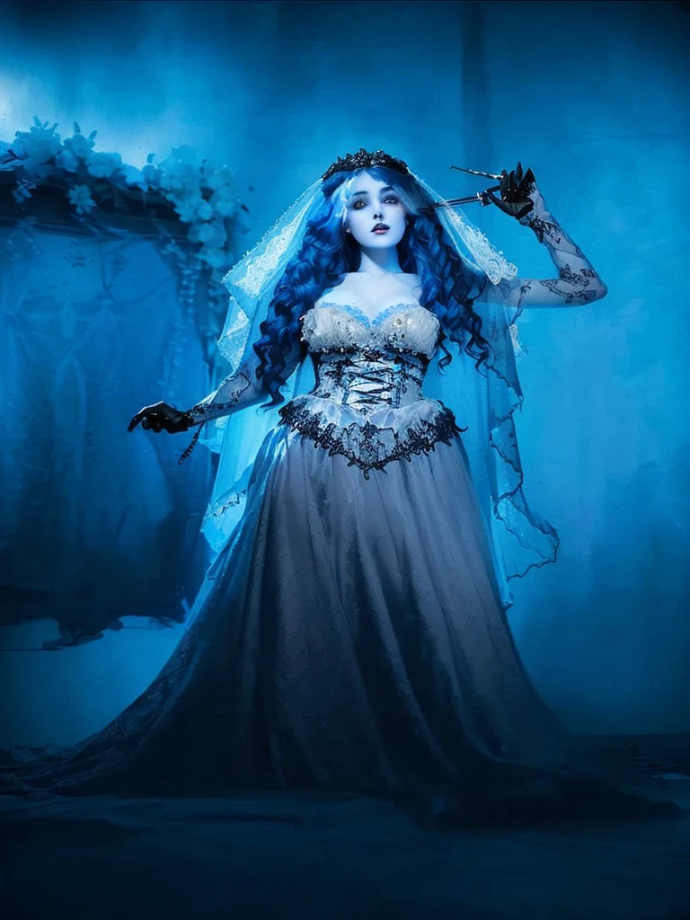 a woman dressed in a blue dress and a veil holding a sword, Corpse Bride Style, corpse bride art style, gothic maiden, Gothic ghost maiden, por Jeanna bauck, inspired by Louis Grell, glamorous cosplay, gothic maiden of the dark, costume with blue details, inspired by Anne Stokes, In the style of Anne Stokes, beautiful ancient frost witch