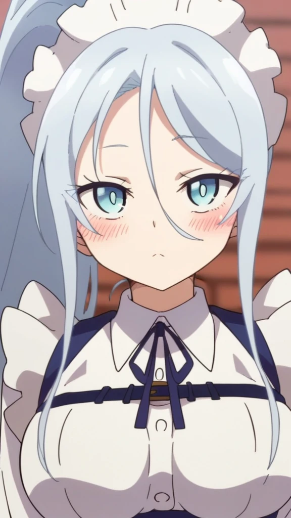 sylpha, long_hair, 1girl, blue_eyes, blue_hair, solo, blush, large_breasts, ponytail   , maid_headdress, maid, apron, upper body, looking at viewer, score_9, score_8_up, score_7_up, , anime coloring ,BREAK source_anime, anime