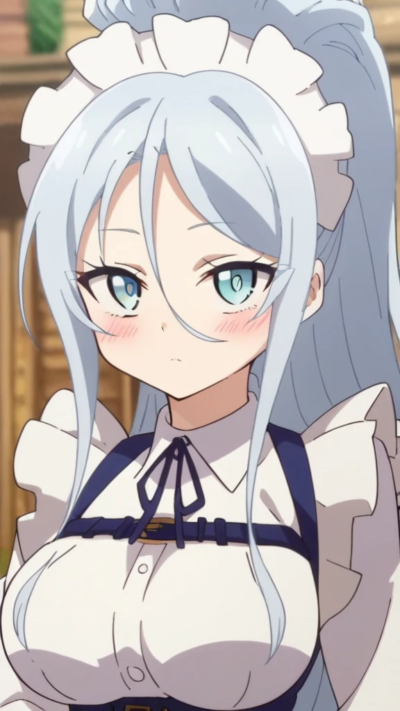 sylpha, long_hair, 1girl, blue_eyes, blue_hair, solo, blush, large_breasts, ponytail   , maid_headdress, maid, apron, upper body, looking at viewer, score_9, score_8_up, score_7_up, , anime coloring ,BREAK source_anime, anime