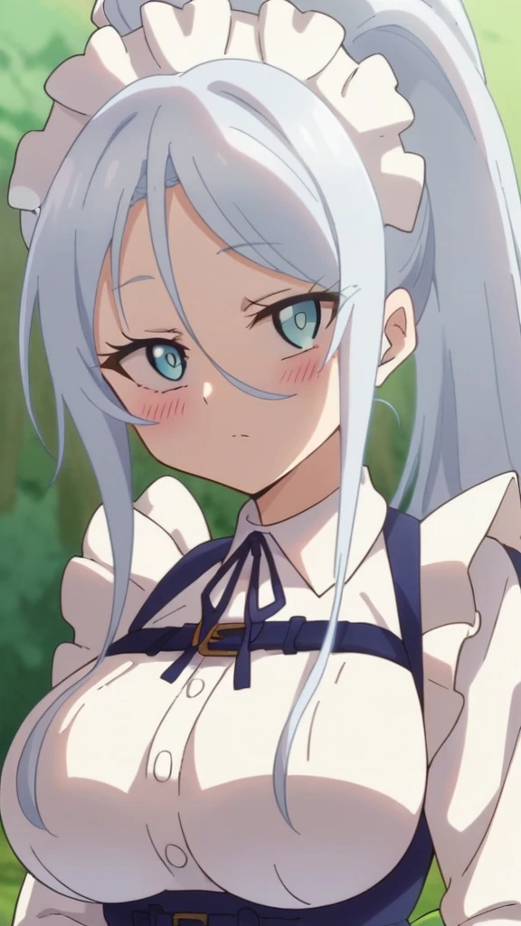 sylpha, long_hair, 1girl, blue_eyes, blue_hair, solo, blush, large_breasts, ponytail   , maid_headdress, maid, apron, upper body, looking at viewer, score_9, score_8_up, score_7_up, , anime coloring ,BREAK source_anime, anime