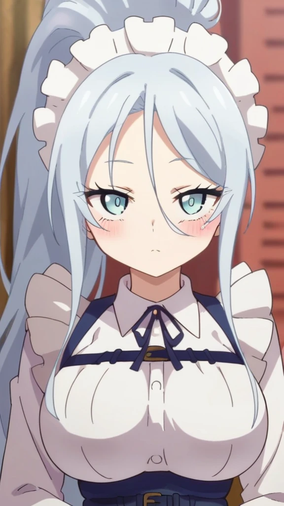 sylpha, long_hair, 1girl, blue_eyes, blue_hair, solo, blush, large_breasts, ponytail   , maid_headdress, maid, apron, upper body, looking at viewer, score_9, score_8_up, score_7_up, , anime coloring ,BREAK source_anime, anime