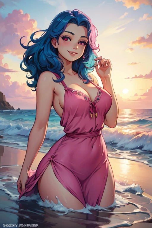 A blue haired woman with pink eyes and an hourglass figure with wild waves and long hair in a pink summer dress is smiling in the early morning light