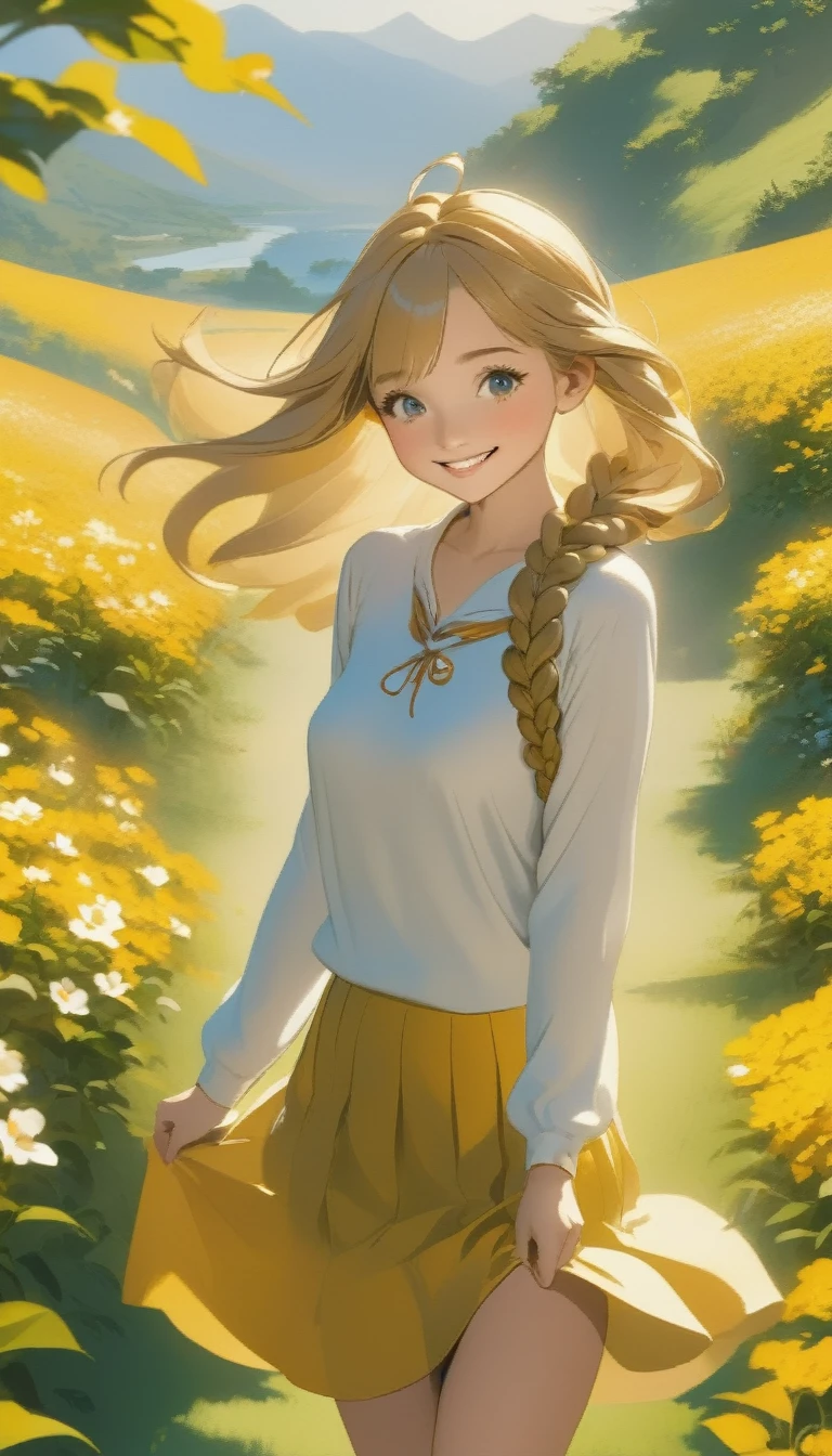 Streamlined Design, Clear lines, High Sharpness, (Highest quality,8K,Perfect sharpness,Ultra-fine,High resolution,masterpiece:1.2), Perfect Anatomy:1.5, Official Art, Illustrations that tell a story, (Whitish background:0. 9)、Body Positivity、多Mr..Physical expression、(Random and energetic poses)、Perfect beauty、Perfect beautiful face、Strong winds、Rich expressiveness、Dynamic configuration、smile、Golden ratio composition、colorful、((Mr..々Different angles and perspectives))、Anime Art、(Mini Dress)、(Overcoming stereotypes)、 Glowing Skin、(Natural Beauty)、smile、bangs、(Soft and flowing hair)、(countryside)、(Nostalgic atmosphere)、Raise it to your feet、(Playful and easygoing)、(多Mr..Ethnic characters)、(innocent attitude)、(Sunny atmosphere)、(The skirt flutters violently in the wind)、(Bright colors)、Beautiful Eyes、(Embarrassing)、Braided hair、Summer landscape、Smiling among the flowers、Top view、