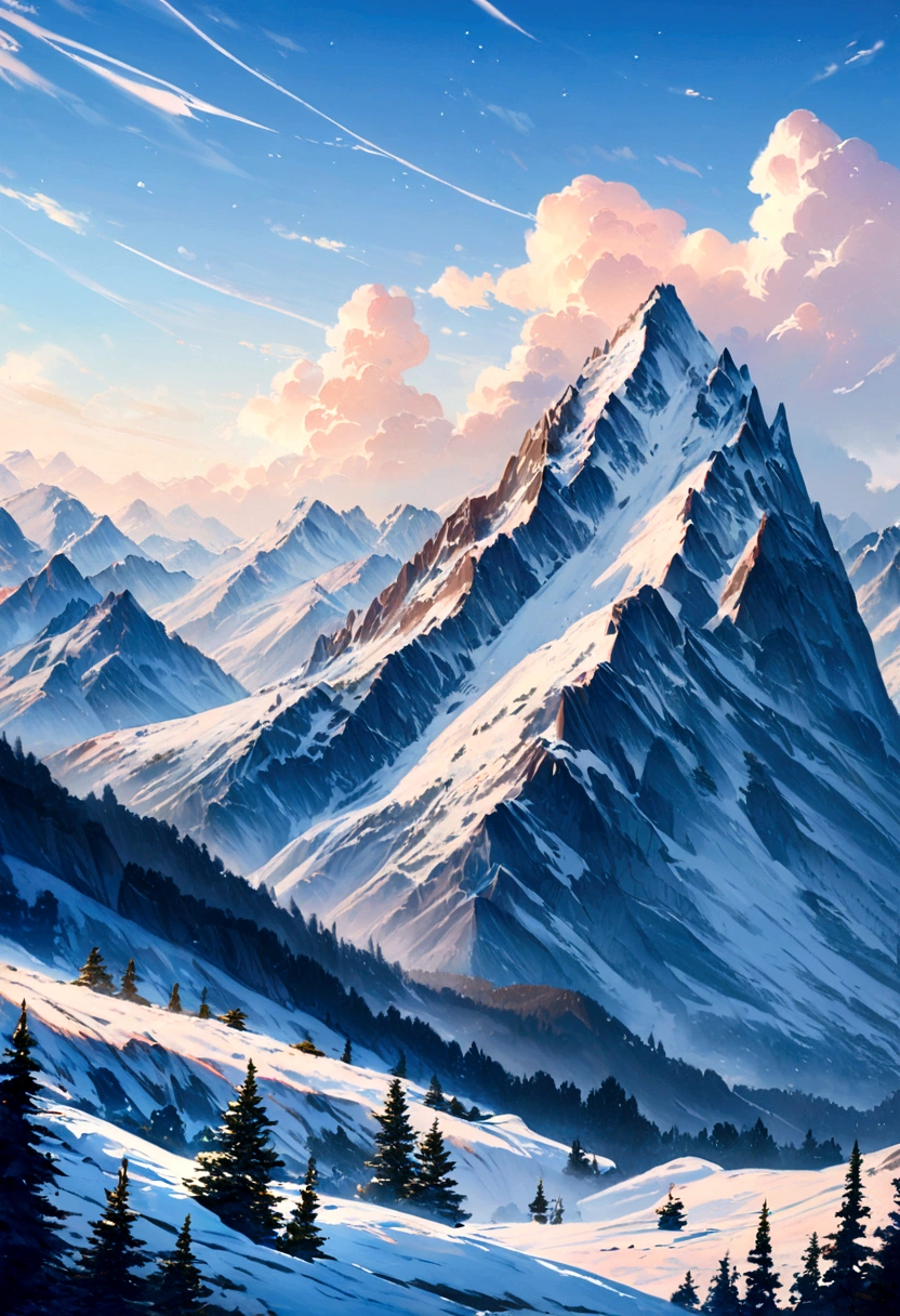 Snow-white Rocky Mountains, blue skies, faraway and majestic views, colored pencils, top quality images.