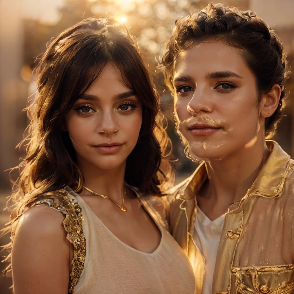 a couple, soft clothing, sunset background, beautiful detailed eyes, beautiful detailed lips, extremely detailed face, long eyelashes, romantic, passionate, embracing, affectionate, warm lighting, golden hour, glowing light, cinematic, photorealistic, masterpiece, high resolution, 8k, hyper detailed, intricate details, vibrant colors, lush colors, dramatic lighting, chiaroscuro lighting, elegant, graceful, tender, intimate, ethereal, dreamlike