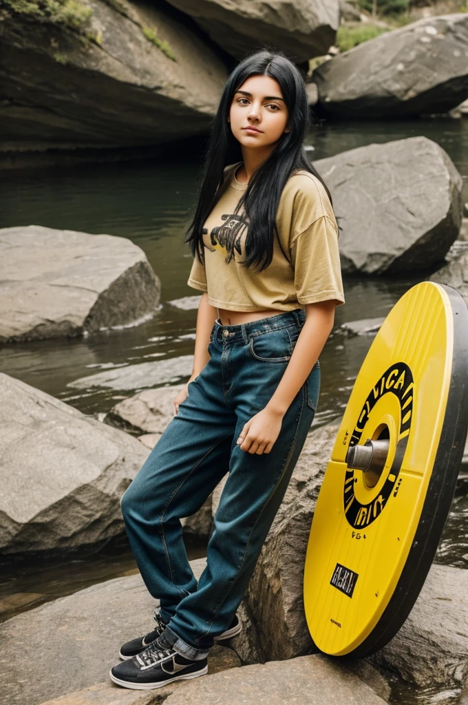 19 yr old girl with black hair and yellow colored eyes, singer in a casual baggy rock outfit