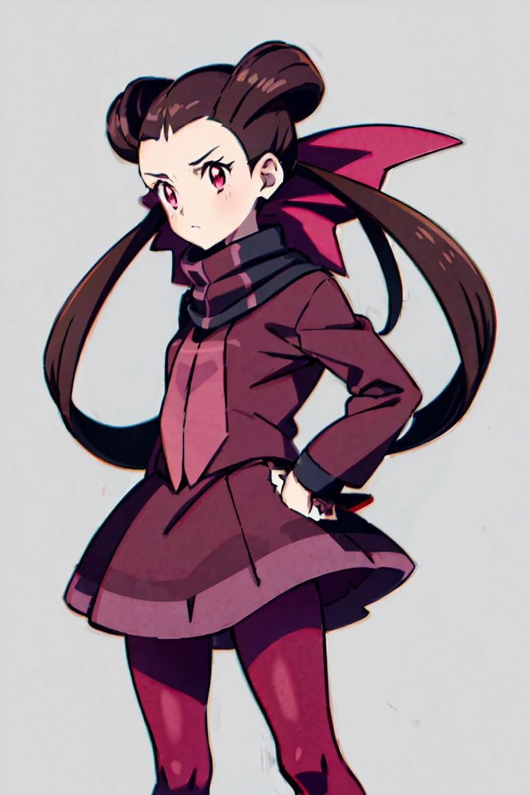 Anime girl , Pokémon anime, a girl with red eyes and brown hair, which is tied up into two pigtails with a red bow, with a small black U-stripe. Roxanne wears pink tights and a small tie-like pink scarf around her neck.
