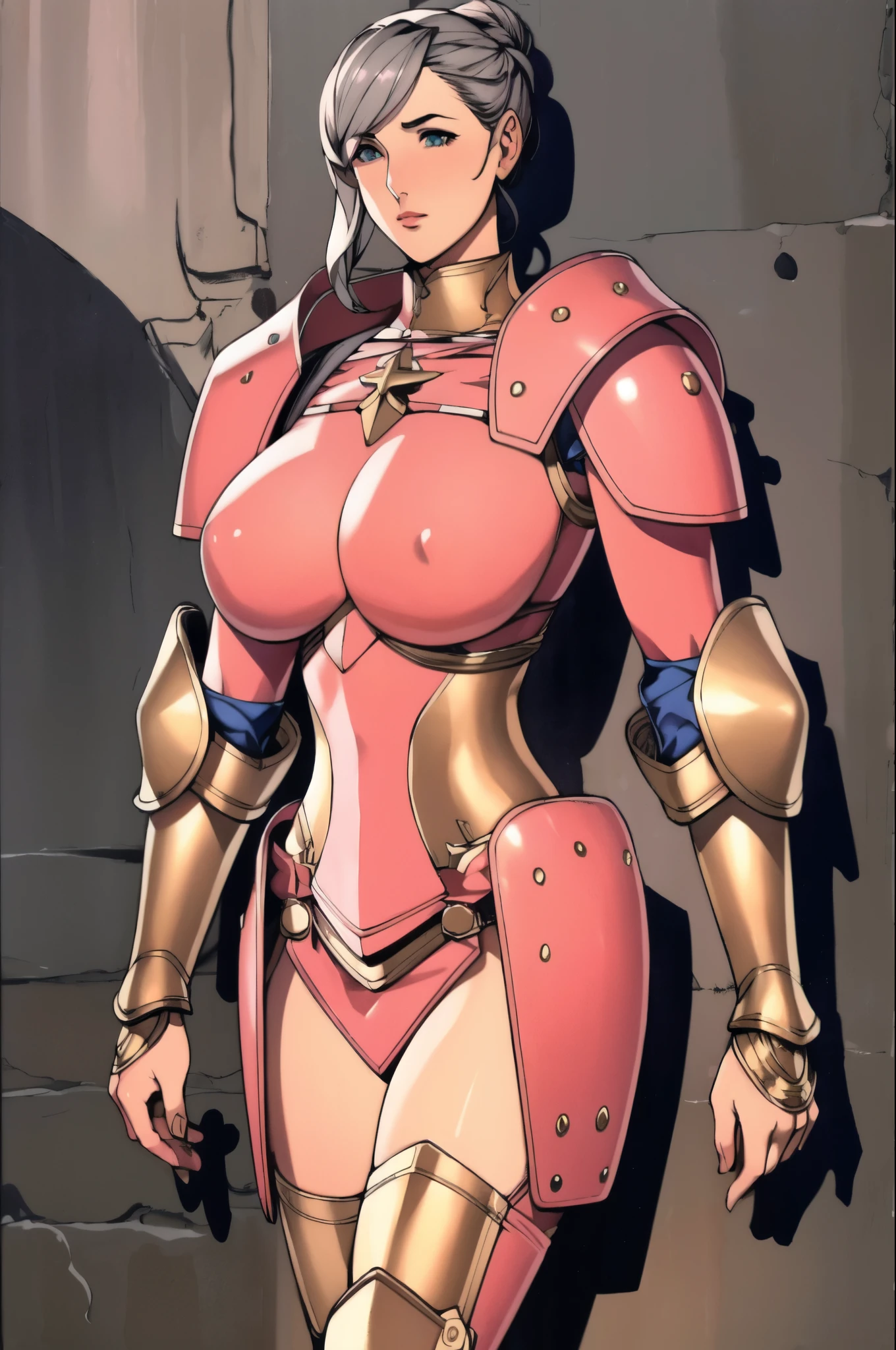 (masterpiece, Highest quality, Super detailed, Absurd)1.5, One girl, (sexy, Beautiful woman, Perfect Face, Perfect Eyes, Perfect female body, Huge breasts)1.5, (definition_Effie, Pink breastplate, armor, Pink knee socks, rerebrace armored boots, shoulder armor, fail, Pauline, Gauntlet, Scapula, Gray Hair, ), (Standing in a medieval castle), Perfect lighting, Smooth, High resolution