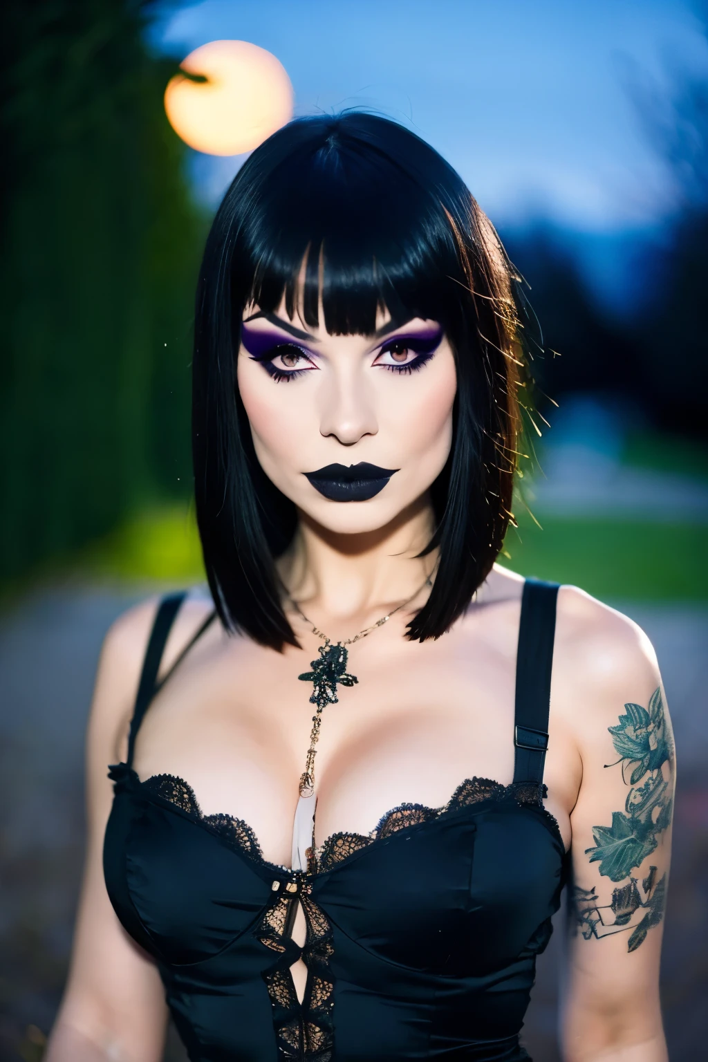 Generphie a hyper-realistic image thphi employs the shallow depth of field technique, Head and shoulders portrait to highlight a beautiful gothic girl wearing a gothic dress, ((cut hair with bangs)),skull tattoo, ((heavy make-up)) , phi ((phiite em um cemitério assustador)) context, (((under the moonlight))). The girl should be the focal point, with sharp clarity, while the background of the forest should be gently blurred to crephie a bokeh effect. (((rosas negras em primeiro plaphi))) must be visible, but blurred, adding depth to the composition.", adding depth to the composition. Sony Alfa A7R III, macro lens , f/5.6. ((Cinemphiic purple Lighting)) .