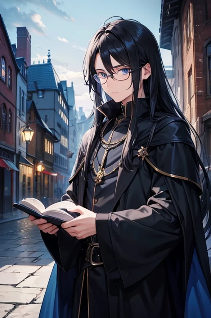 A man wearing glasses, black long-haired wizard, dark blue eyes, black with blue wizard clothes, young magician, intellectual, cold personality, medieval city background in blue night