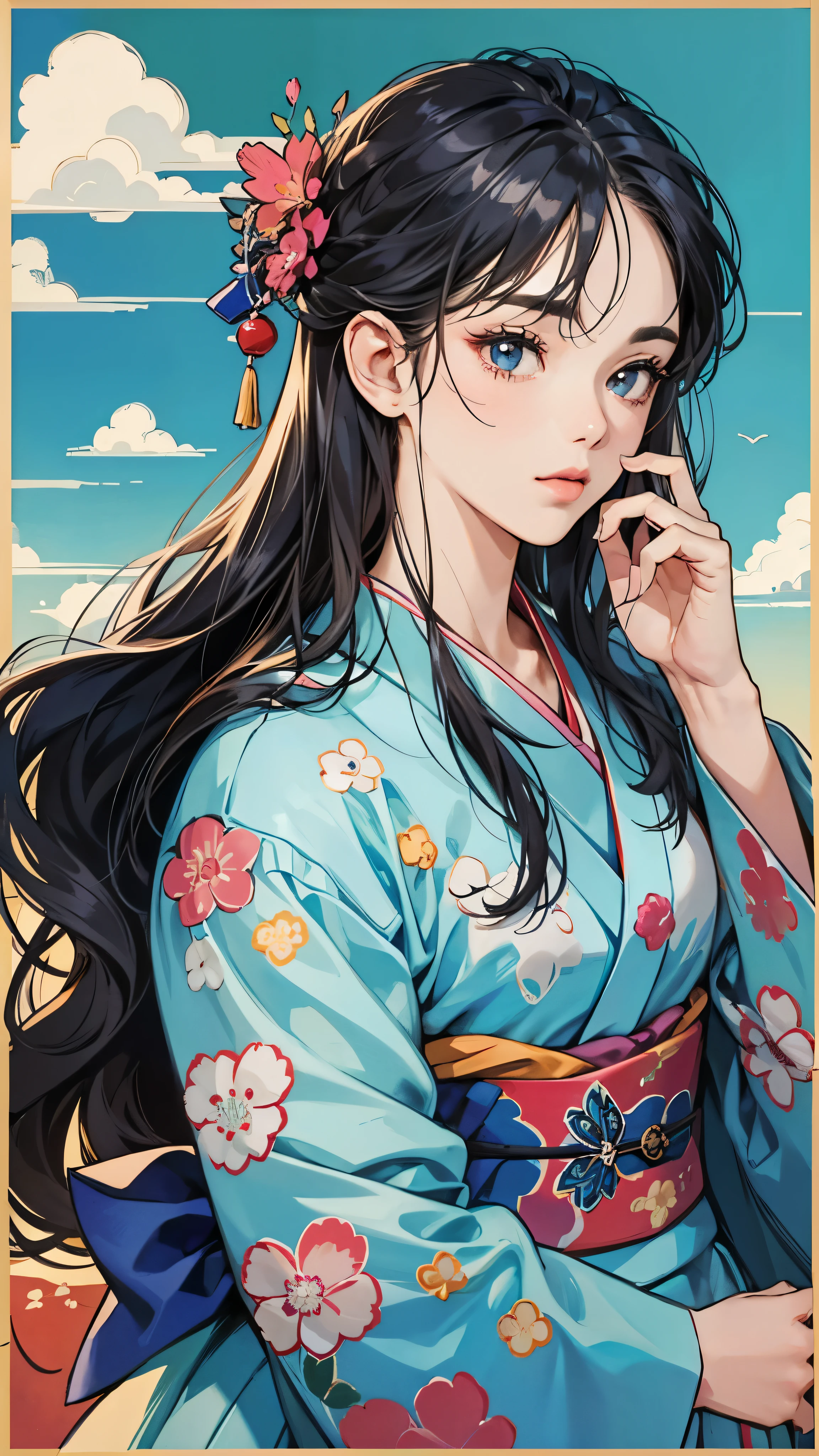 Top quality masterpiece:1.2Ultra high definition、High resolution、Ultra HD Detailed Backgrounds:1.37 Detailed Eyes:1.5、With beautiful detailed eye feel:1.2、Style 1 Girl:1.2 people、Young girl:1.2 people beautiful girl:1.37、Long Hair Girl:1.4。Expressive Face:1.5、Expressive Face in kimono:1.2、Retro kimono Mount Fuji scenery:1.37、Outdoor、Beautiful clear sky:1.4、On a hill overlooking the sea