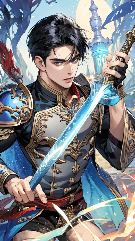 A sexy male fantasy warrior with a penis, magical world, masterpiece ,black hair, detailed face and eyes