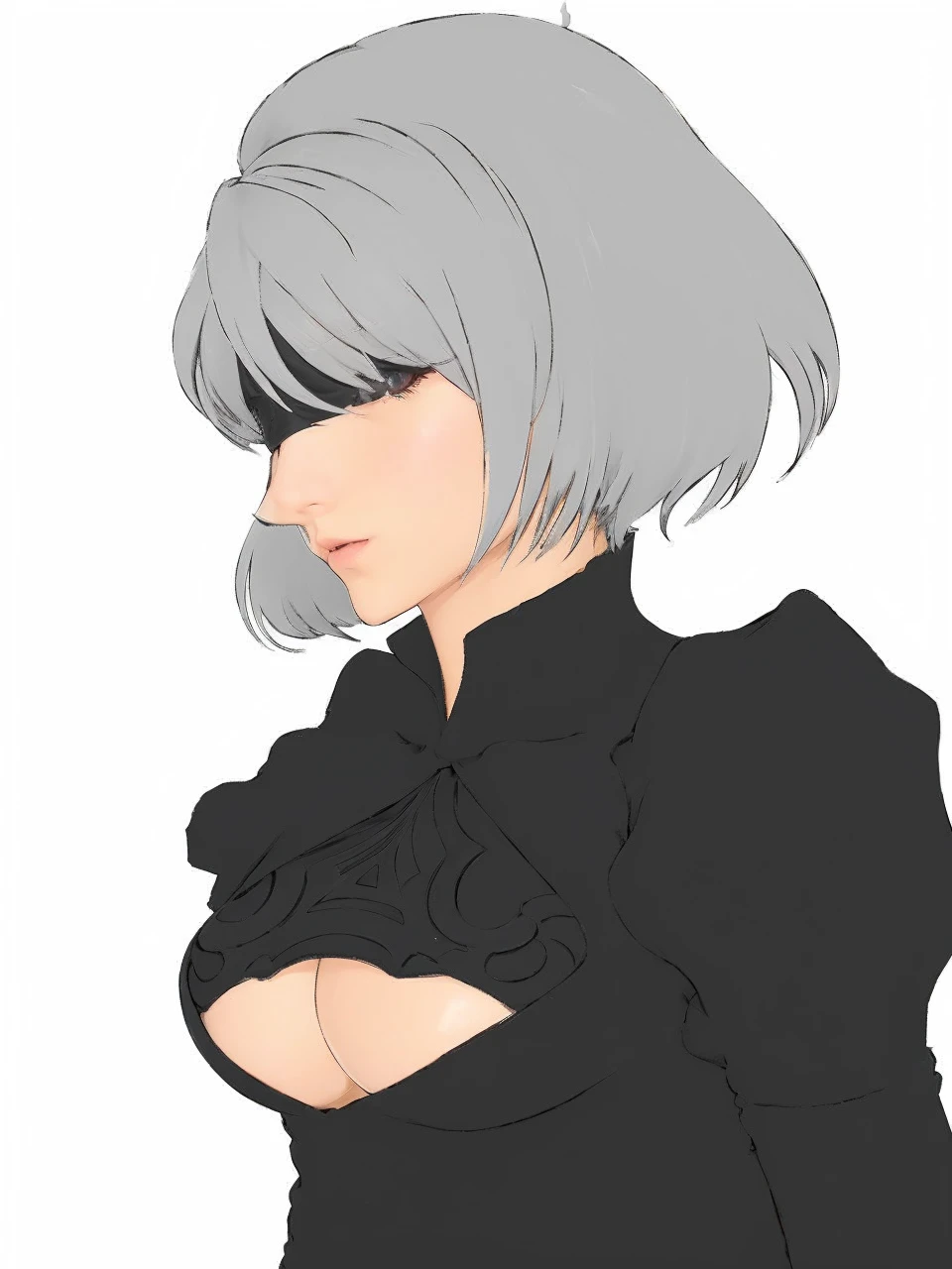 Automata 2b character from Nier Automata, style of anime, profile face, high qualiy, He has a black blindfold on his eyes, put light and shadow on gray hair and black clothes, put light and shadow on the skin
