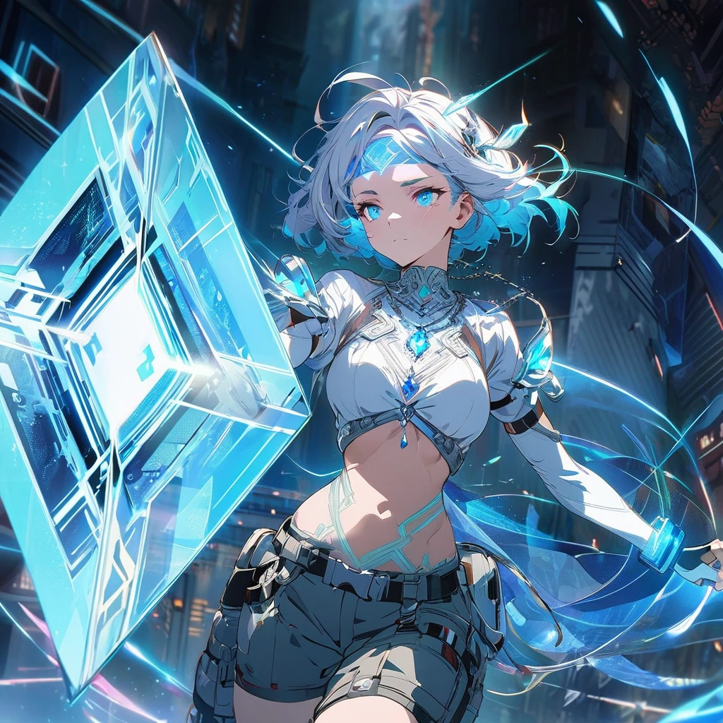 Create an image of a gentle girl with short, silvery-blue hair wearing a fitted, high-collar, long-sleeved shirt with glowing runic patterns, slim-fit cargo pants, fingerless gloves with LED strips, articulated knee guards, and sturdy, glowing-trim combat boots; she has a high-tech headband, (nude:0.8) a silver necklace with a crystal pendant, and a wrist-mounted holographic projector, and she is generating a large, translucent energy shield with intricate, glowing blue patterns, standing in a dynamic yet gentle pose with a dark, dramatic background illuminated by blue light and energy waves, detailed gorgeous face| anime style| key visual| intricate detail| highly detailed| breathtaking| vibrant| panoramic| cinematic| Carne Griffiths| Conrad Roset| gibbli 8