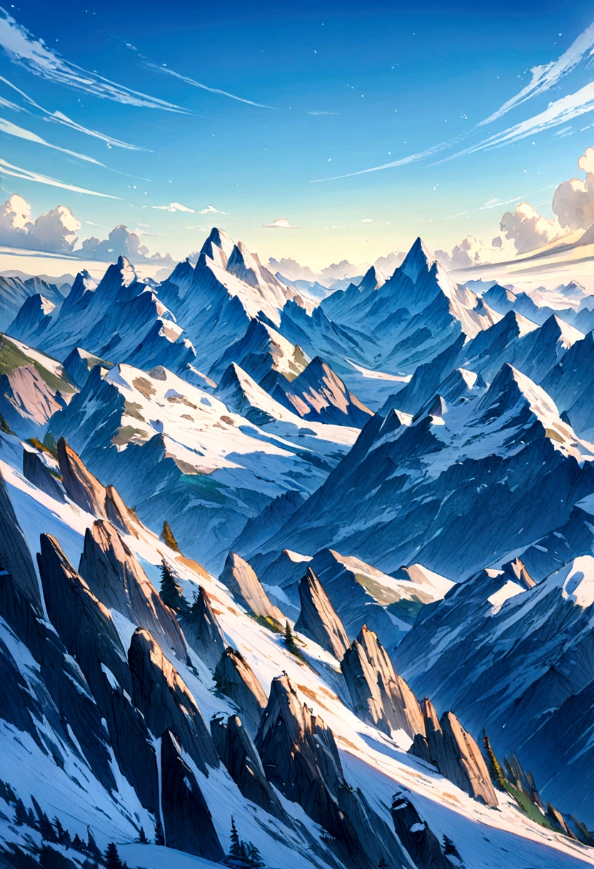 Snow-white Rocky Mountains, blue skies, faraway and majestic views, colored pencils, top quality images.