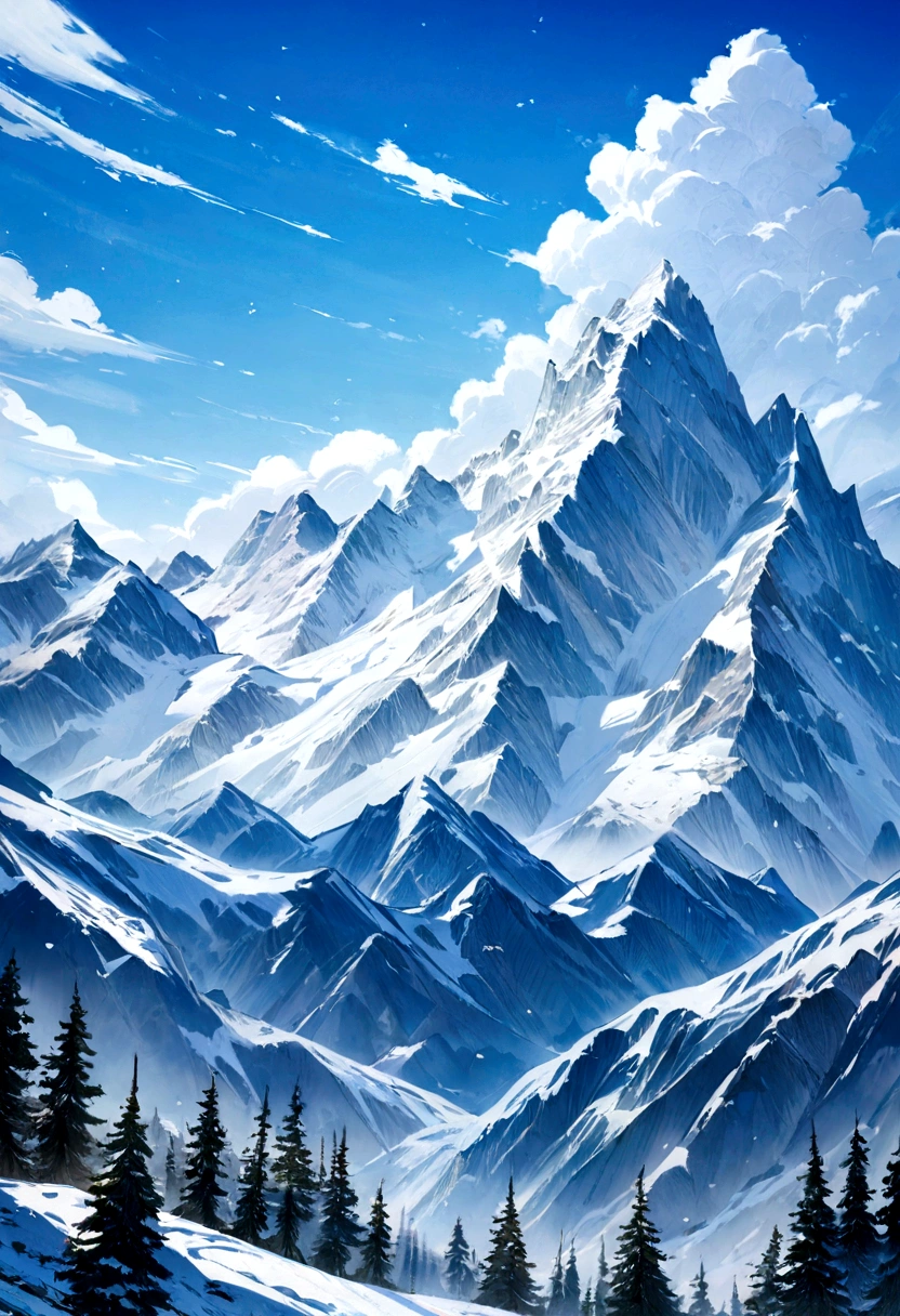 Snow-white Rocky Mountains, blue skies, faraway and majestic views, colored pencils, top quality images.