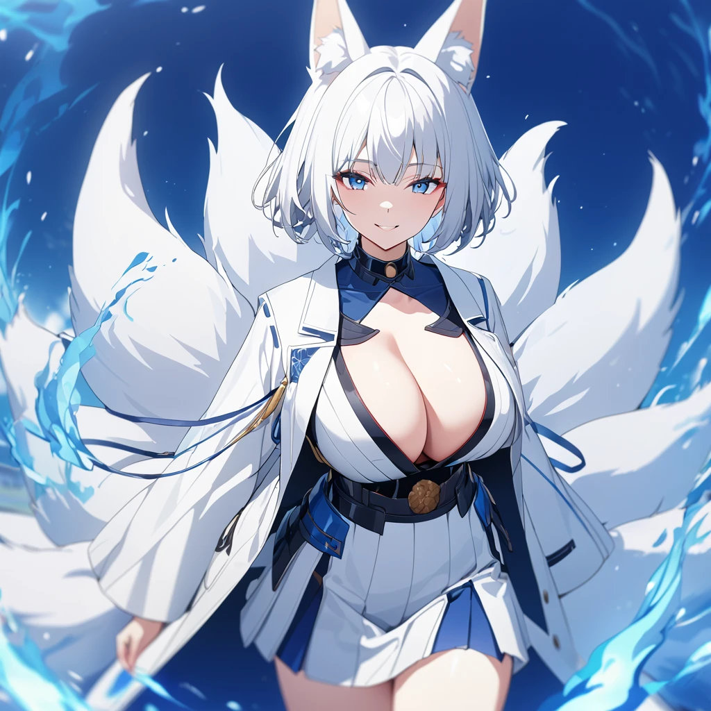 A woman wearing a long white coat with blue details, white kimono, short blue skirt, Japanese aesthetics, long white socks, red heels, blue eyes, white hair, short hair, kitsune ear, kitsune tail, multi tail, blue flames around, in an open field, blue flames. smiling, big breasts. UHD, prime work, accurate, anatomically correct, textured skin, super details, high quality, best quality, 8k, high resolution, bokeh effect. (woman alone)