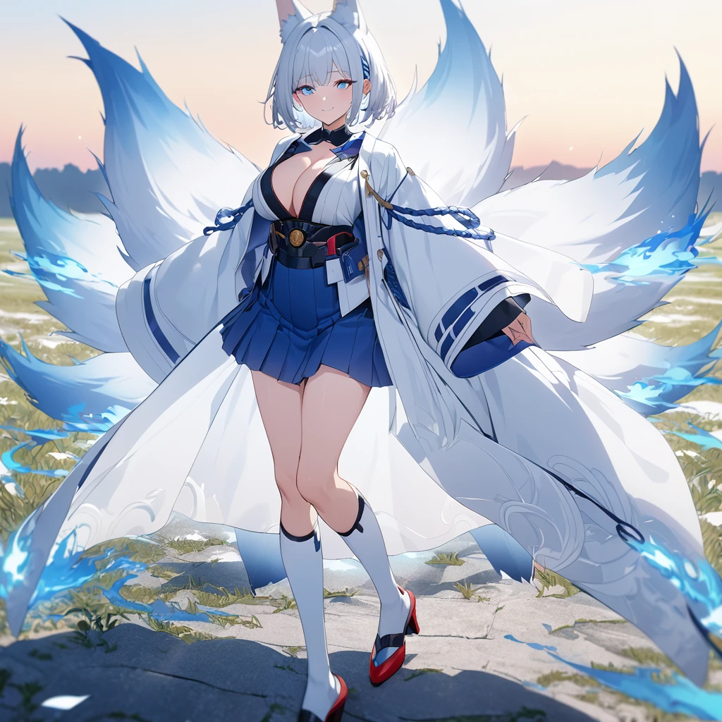 A woman wearing a long white coat with blue details, white kimono, short blue skirt, Japanese aesthetics, long white socks, red heels, blue eyes, white hair, short hair, kitsune ear, kitsune tail, multi tail, blue flames around, in an open field, blue flames. smiling, big breasts. UHD, prime work, accurate, anatomically correct, textured skin, super details, high quality, best quality, 8k, high resolution, bokeh effect. (woman alone)
