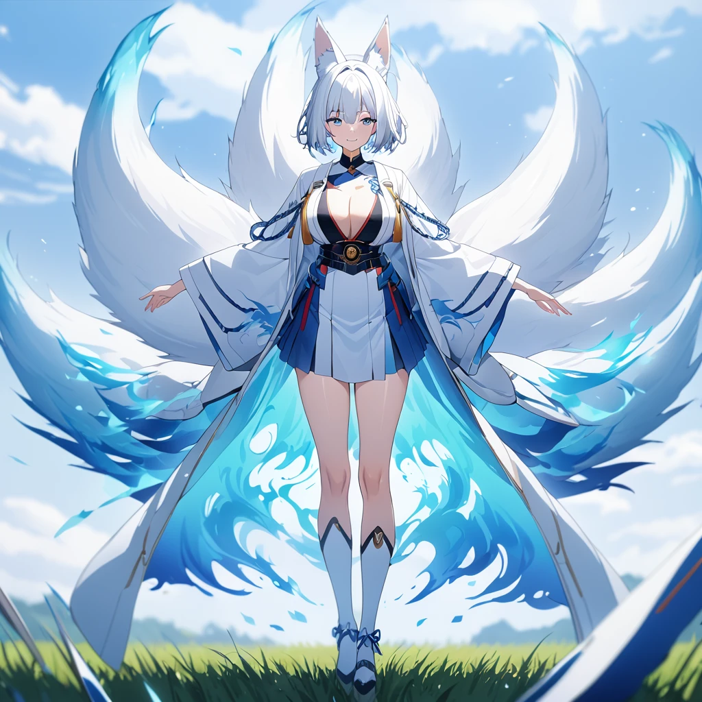 A woman wearing a long white coat with blue details, white kimono, short blue skirt, Japanese aesthetics, long white socks, red heels, blue eyes, white hair, short hair, kitsune ear, kitsune tail, multi tail, blue flames around, in an open field, blue flames. smiling, big breasts. UHD, prime work, accurate, anatomically correct, textured skin, super details, high quality, best quality, 8k, high resolution, bokeh effect. (woman alone)
