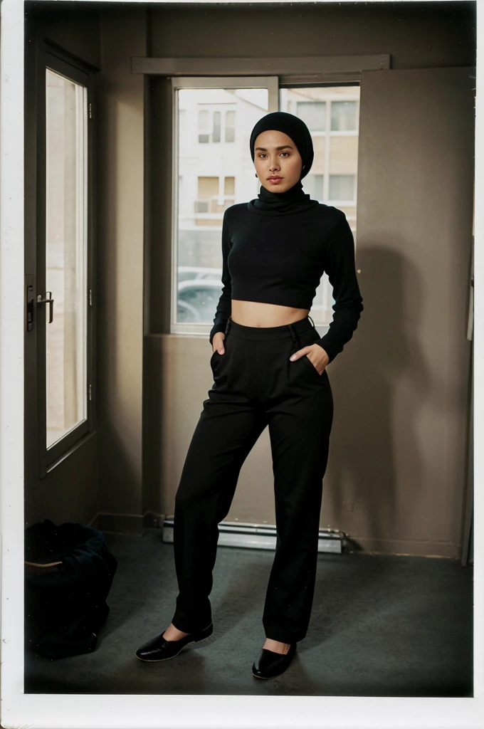 polaroid photo, hijab, beautiful woman, dress, black pants,