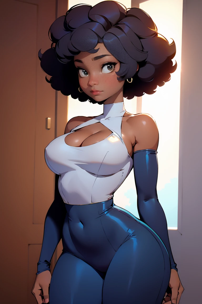 afro american girl, dark skin, behind view, afro haircut, 1 girl, solo, cleavage, medium perky , wide hips