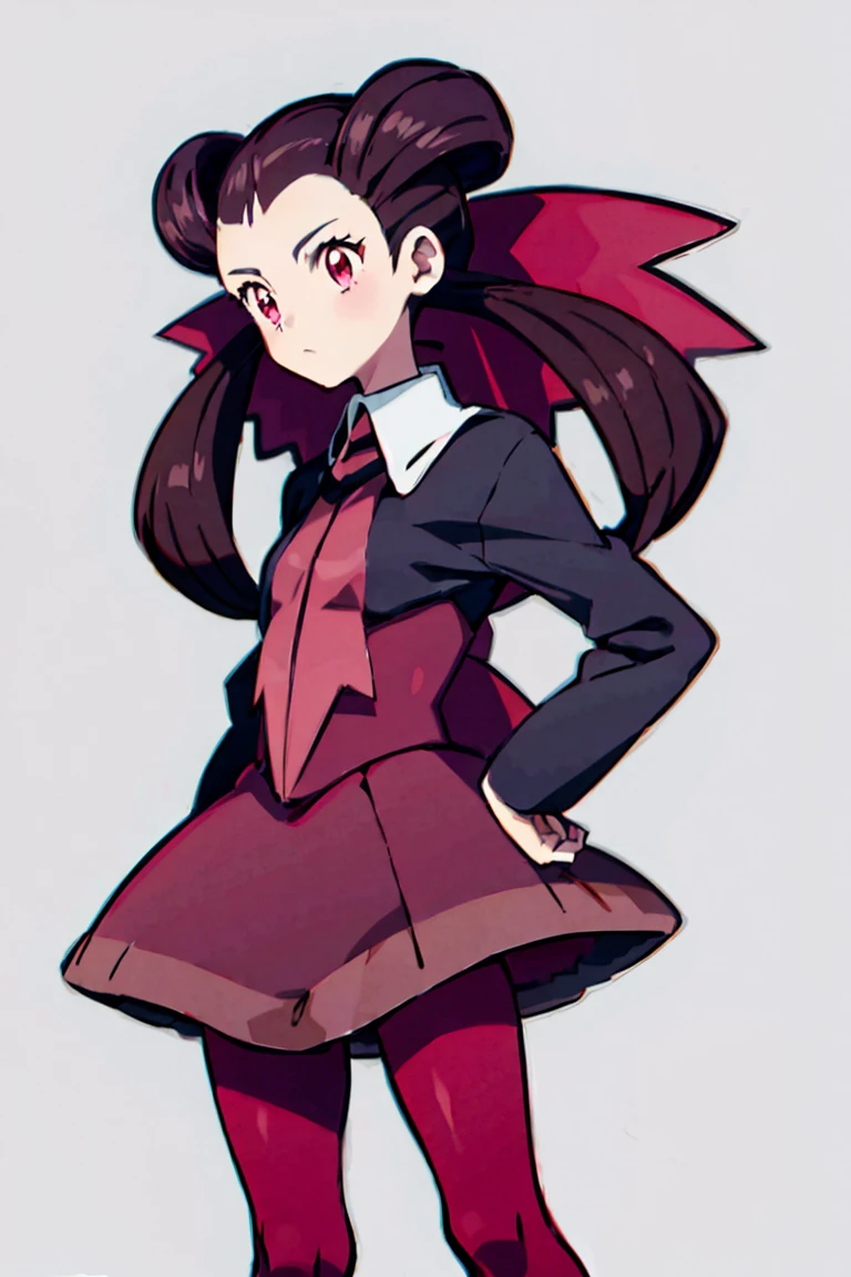 Anime girl , Pokémon anime, a girl with red eyes and brown hair, which is tied up into two pigtails with a red bow, with a small black U-stripe. Roxanne wears pink tights and a small tie-like pink scarf around her neck.
