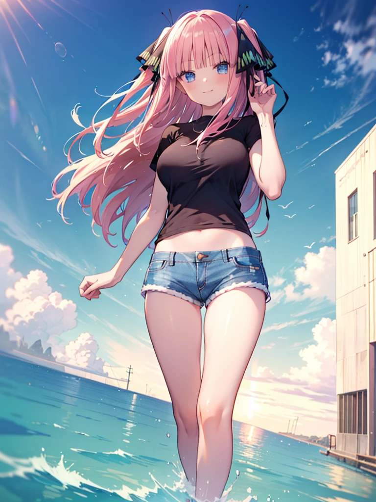 (8K, Highest quality, Highest quality, masterpiece), nn11girl, hair ribbon, long hair, smile, denim hot shorts, mini shorts, big breasts