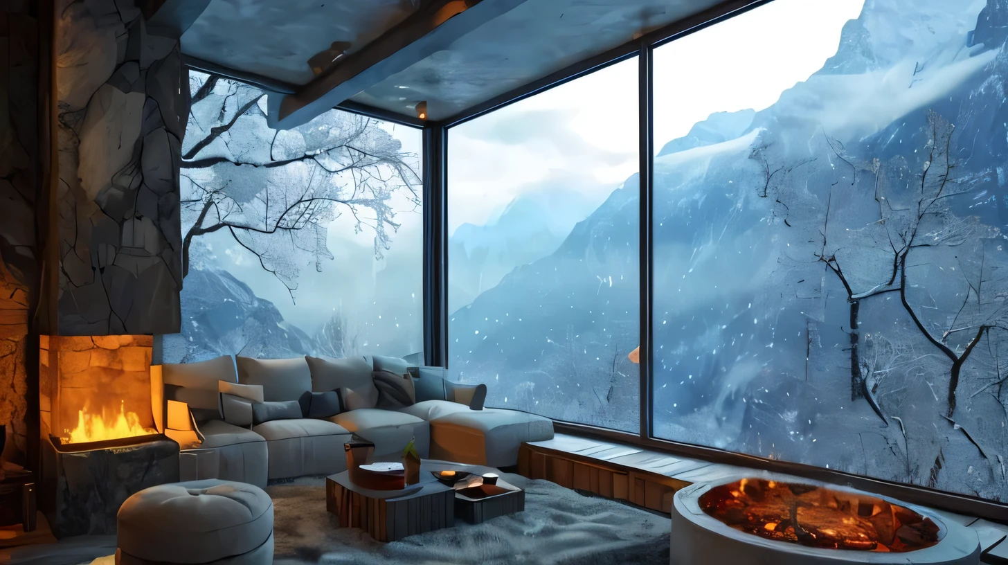 A view of the living room with a fireplace and large windows, Unreal Engine realistic rendering, Melted into the mountain, Relaxing environment, Warm living room, Cinematic Rendering Unreal Engine, Cozy environment, Cozy place, Highly realistic Unreal Engine, Vray 8K Rendering, Warm interior, Unreal 5 Engine Rendered, 8K Landscape Rendering, Highly rendered Unreal Engine