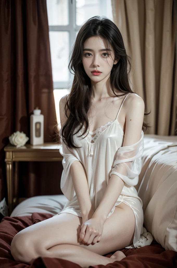 (((best quality))), (((ultra detailed))), (((masterpiece))), illustration,a beautiful girl,solo,slim,thin,(shiny skin:1.5),messy hair,shoulder length straight bob hair,Dark Circles,Eyes bloodshot,(sad expression:1.3),flat chest,sitting on the bed,in a bedroom,(see through gauze nightgown:1.3), deep in thought, dimly lit room, soft glow of a digital clock, dark curtains, seclusion and introspection, disheveled hair, shadowed eyes, sleeplessness, delicate features, fragile beauty, pale skin, rouge on cheeks, heavy atmosphere, silence, soft hum of a refrigerator, woman's expression of deep contemplation, searching eyes, capturing the essence of struggle, vulnerability,(dark night scene:1.3),spread legs apart,arms behind back