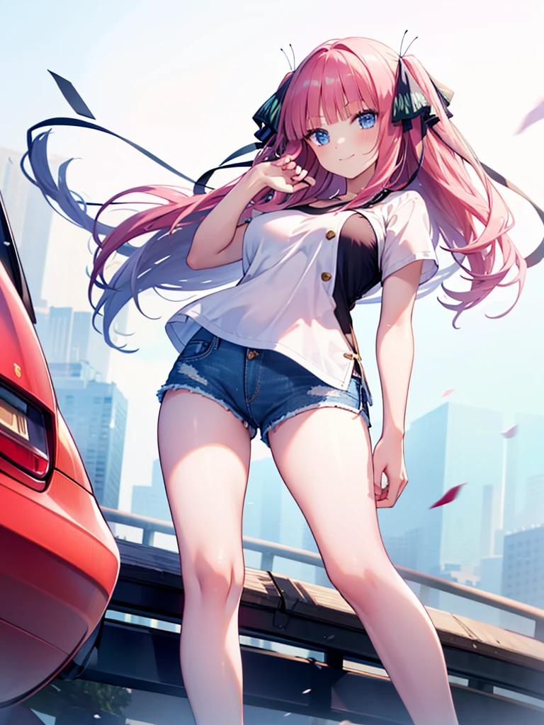 (8K, Highest quality, Highest quality, masterpiece), nn11girl, hair ribbon, long hair, smile, denim hot shorts, mini shorts, big breasts