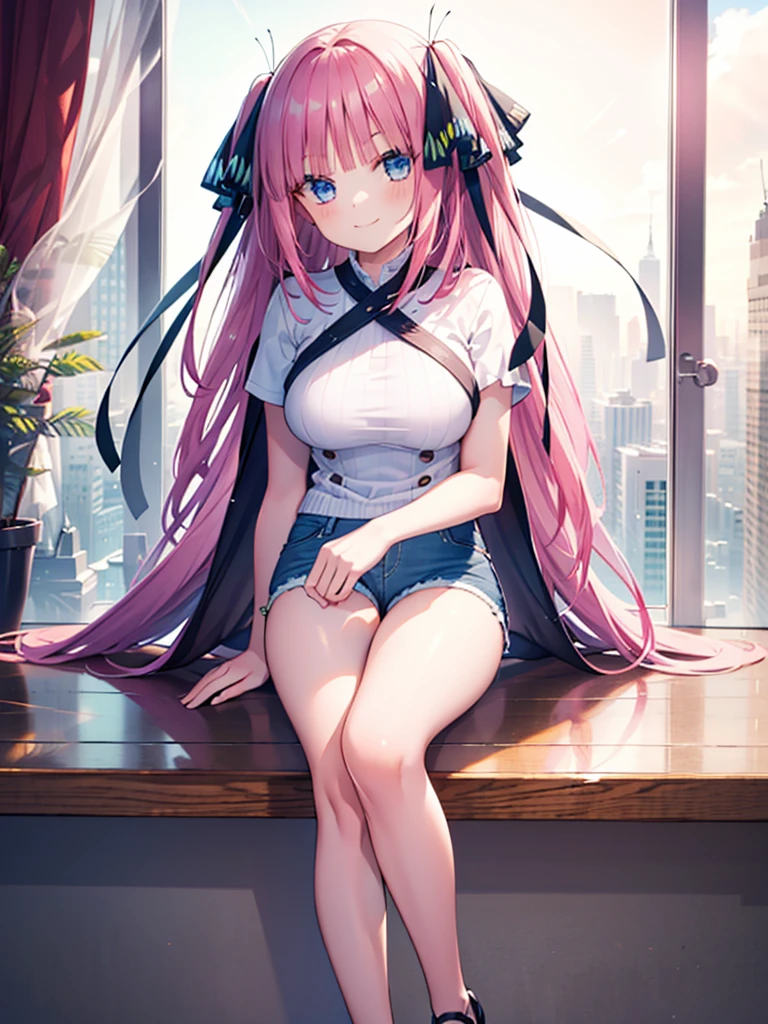 (8K, Highest quality, Highest quality, masterpiece), nn11girl, hair ribbon, long hair, smile, denim hot shorts, mini shorts, big breasts
