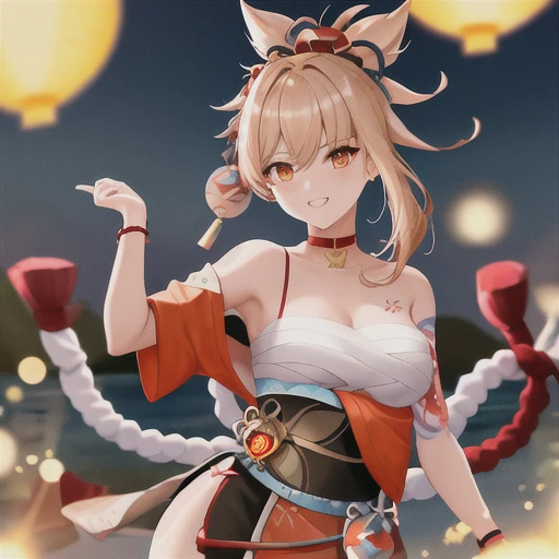 1 Girl, :The absurdity of D, Asymmetrical Hair, bandageを巻いた足, bandage, bangs, bird, Blonde, Blurred, Blurred Background, chest,Butterfly choker, Chest tattoo, choker, chestの谷間, clavicle, Clarification Request,Depth of written boundary, evening, Fingerless gloves, firework, fish, fish hair ornaments, Floating Hair, Flower tattoo, Genshin Impact, gloves, Otherwise, Hair between the eyes, hair ornaments, Raise your hand, Tilt your head, High Ponytail, High resolution, Holding, Holding firework, Hairpin, Large chest, View your viewers, Medium Hair, Mountain Horizon, Manicure, heart, heartage, heartjime, Open your mouth, Orange eyes, orange nails, Outdoor, Paid reward available, Pendant choker, Red choker, rope ,sash, Side Lock, One shoulder exposed, 片指なしgloves, 片手gloves, null, smile, alone, 線香firework, Tassel, tattoo, teeth, Thighs, Upper teeth Only, vision (Genshin Impact), water, Wristband, Evening Shrine (Genshin Impact), (Nude) ,sexy pose,