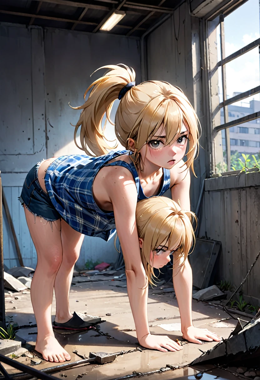  girl, wiry, lean, dirty, grimy, uneven blonde hair with ponytail, wild, untamed, tight dirty tank top, oversized flannel shirt, torn denim shorts, bending over