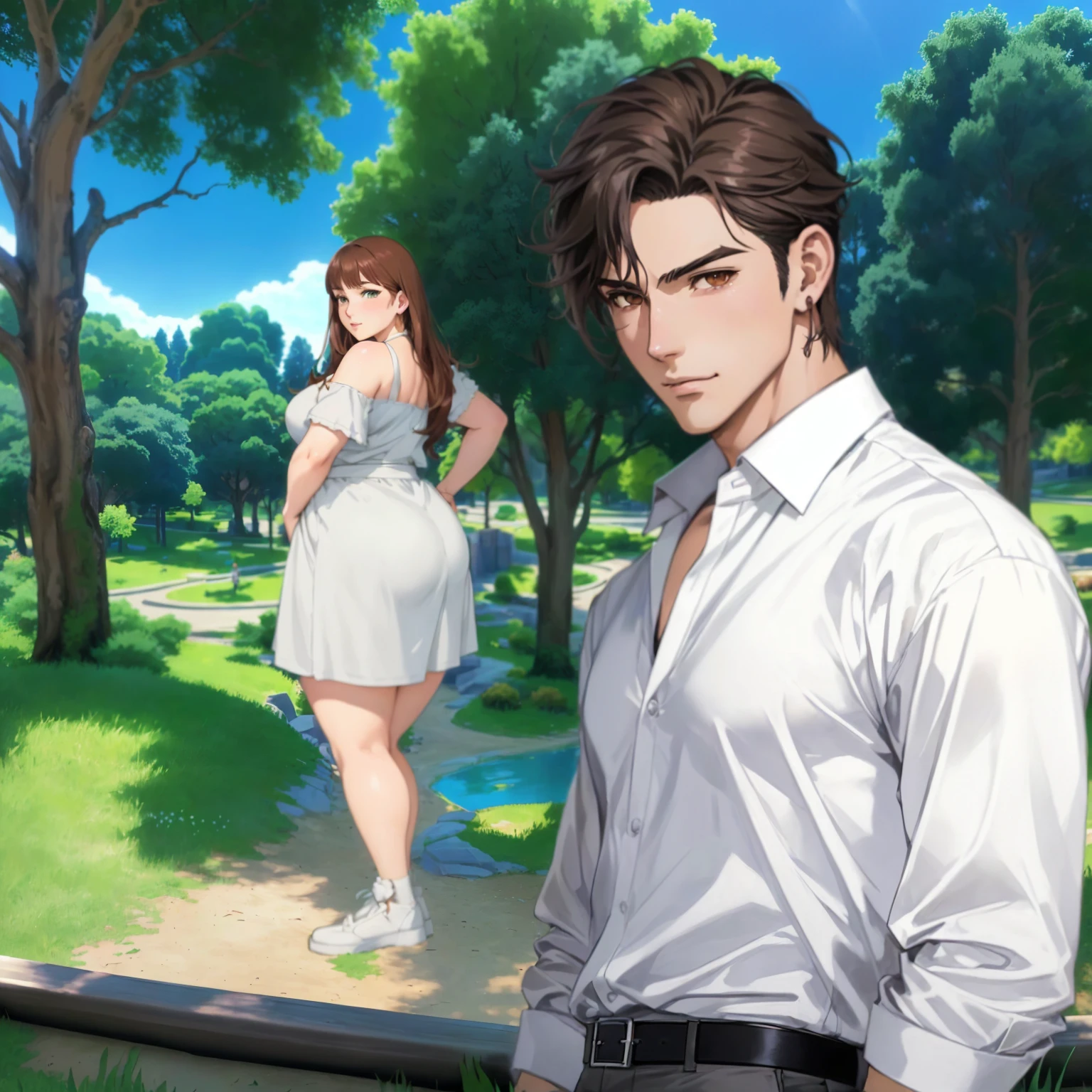Anime depiction of a man and a woman, standing in the park, official art, beautiful anime pose, Ben Meyer and Sakimichan, anime handsome man, official artwork, Taisho Roman, high detailed official artwork, Sakimichan and Frank Franzzeta, Key visual of the visual novel, official illustration, anime curvy john 8k forest, official character art