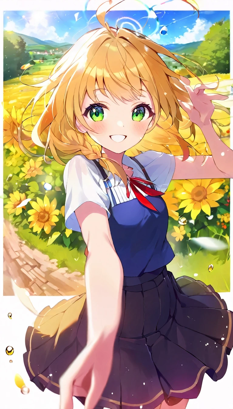 Streamlined Design, Clear lines, High Sharpness, (Highest quality,8K,Perfect sharpness,Ultra-fine,High resolution,masterpiece:1.2), Perfect Anatomy:1.5, Official Art, Illustrations that tell a story, (Whitish background:0. 9)、Body Positivity、多Mr..Physical expression、(Random and energetic poses)、Perfect beauty、Perfect beautiful face、Strong winds、Rich expressiveness、Dynamic configuration、smile、Golden ratio composition、colorful、((Mr..々Different angles and perspectives))、Anime Art、(Mini Dress)、(Overcoming stereotypes)、 Glowing Skin、(Natural Beauty)、smile、bangs、(Soft and flowing hair)、(countryside)、(Nostalgic atmosphere)、Raise it to your feet、(Playful and easygoing)、(多Mr..Ethnic characters)、(innocent attitude)、(Sunny atmosphere)、(The skirt flutters violently in the wind)、(Bright colors)、Beautiful Eyes、(Embarrassing)、Braided hair、Summer landscape、Smiling among the flowers、Top view、