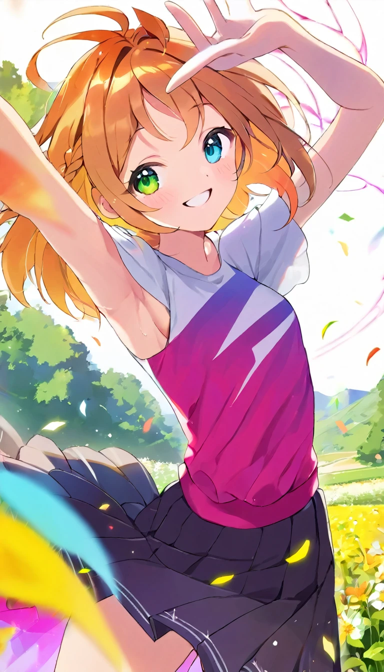 Streamlined Design, Clear lines, High Sharpness, (Highest quality,8K,Perfect sharpness,Ultra-fine,High resolution,masterpiece:1.2), Perfect Anatomy:1.5, Official Art, Illustrations that tell a story, (Whitish background:0. 9）、Body Positivity、多Mr..Physical expression、（Random and energetic poses）、Perfect beauty、Perfect beautiful face、Strong winds、Rich expressiveness、Dynamic configuration、smile、Golden ratio composition、colorful、（(Mr..々Different angles and perspectives)）、Anime Art、(Mini Dress)、（Overcoming stereotypes）、 Glowing Skin、（Natural Beauty）、smile、bangs、（Soft and flowing hair）、（countryside）、（Nostalgic atmosphere）、Raise it to your feet、（Playful and easygoing）、（多Mr..Ethnic characters）、（innocent attitude）、（Sunny atmosphere）、(The skirt flutters violently in the wind)、（Bright colors）、Beautiful Eyes、(Embarrassing)、Braided hair、Summer landscape、Smiling among the flowers、Top view、