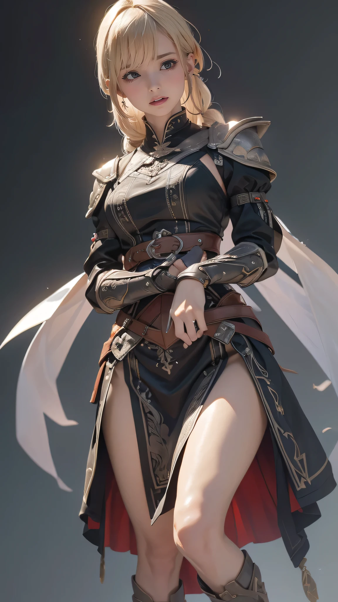 looking back,(fighting pose),(leather boots,(asymmetrical armor),(long embroidered cute dress,see through,lift up the hem of the dress)),(random hairstyle),(Thin type:1.5),(large breasts),(Highest image quality,(8K), Ultra-realistic, Best Quality, High quality, High Definition, high quality texture, high detailing, Beautiful detailed, fine detailed, extremely details CG, Detailed texture, realistic representation of face, masterpiece, presence)