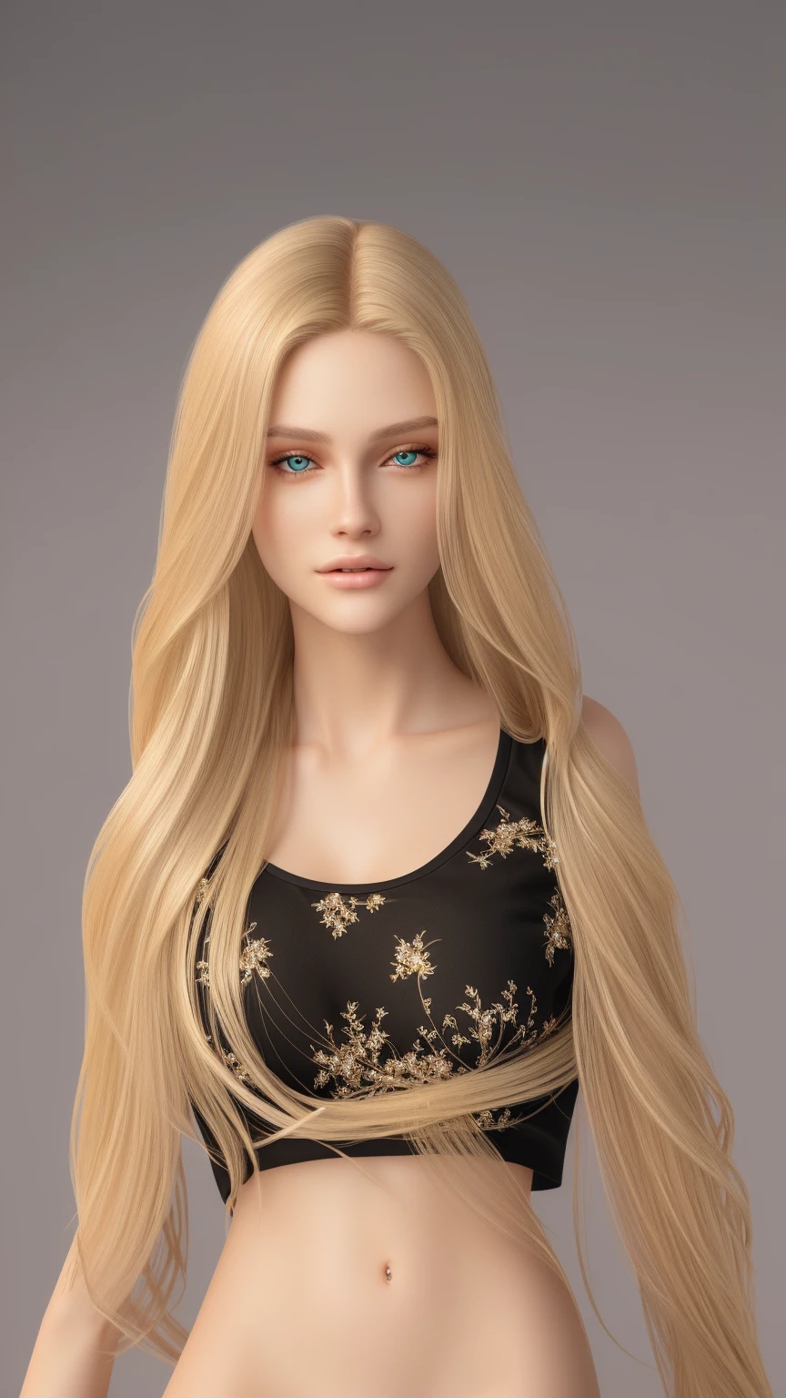 very beautiful girl with long blonde hair and a black top, stunning beauty face, hyperrealistic teen, long glowing ethereal hair, Professional Lighting, [ 4 k photorealism ]!!, [ 4 k photorealism ]!!!, highly detailed , Beautiful Skin , detailed realistic face, masterpiece , high quality render, 8K HD. 