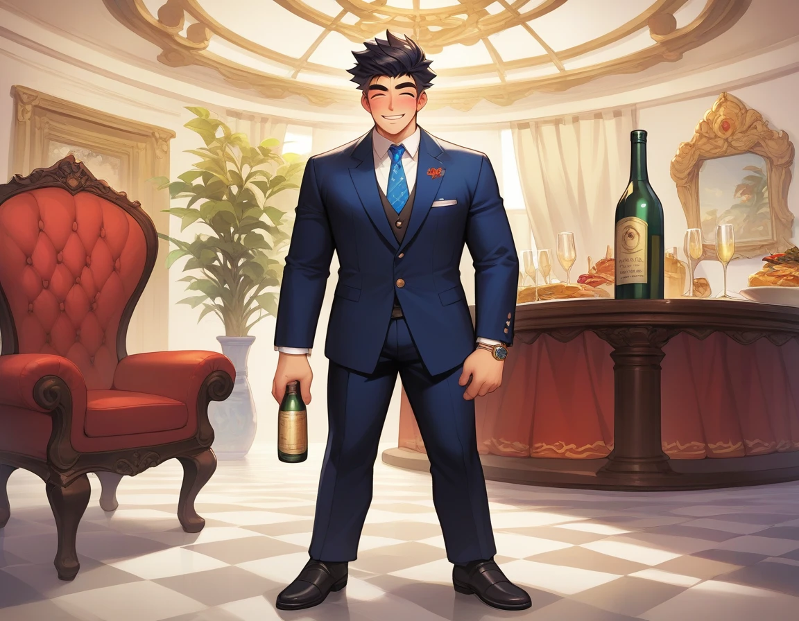 score_9, score_8_up, score_7_up, score_6_up, score_5_up, score_4_up, 1 male, Asian, chiseled face, tall, (black hair), short hair, crisp eyebrows, Get drunk, get flippant, smile, luxury suit, fine luxury watch, fine champagne in hand, Exclusive clubs, VIP rooms, leather sofas, chandeliers, fine champagne, fine food, wide shot, full body