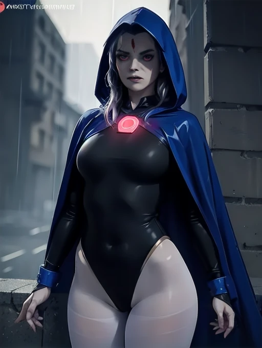 1girl, cowboy shot of rvn, hotraven, angry, casting spell, magic, glowing, glowing eyes, leotard, cape, hood, belt, pantyhose, night, rain, neon, flowers, looking at viewer, volumetric lighting, best quality, masterpiece, intricate details, tonemapping, sharp focus, hyper detailed, trending on Artstation, realistic