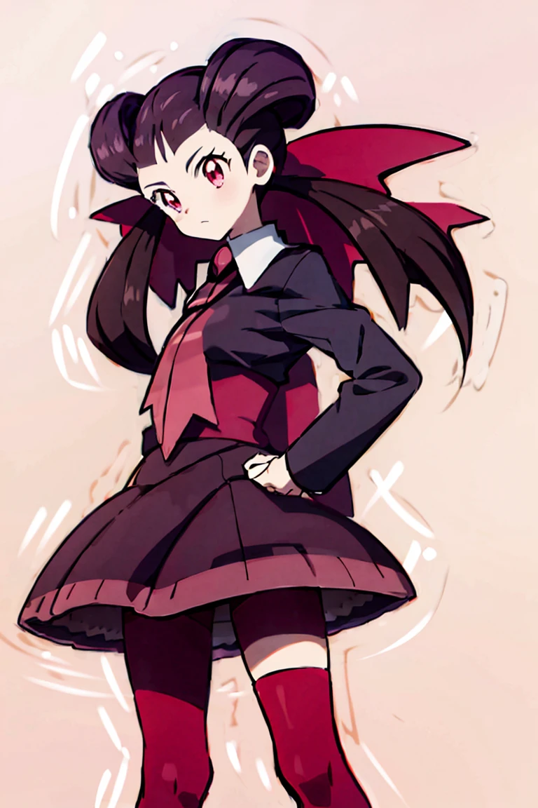 Anime girl , Pokémon anime, a girl with red eyes and brown hair, which is tied up into two pigtails with a red bow, with a small black U-stripe. Roxanne wears pink tights and a small tie-like pink scarf around her neck.
