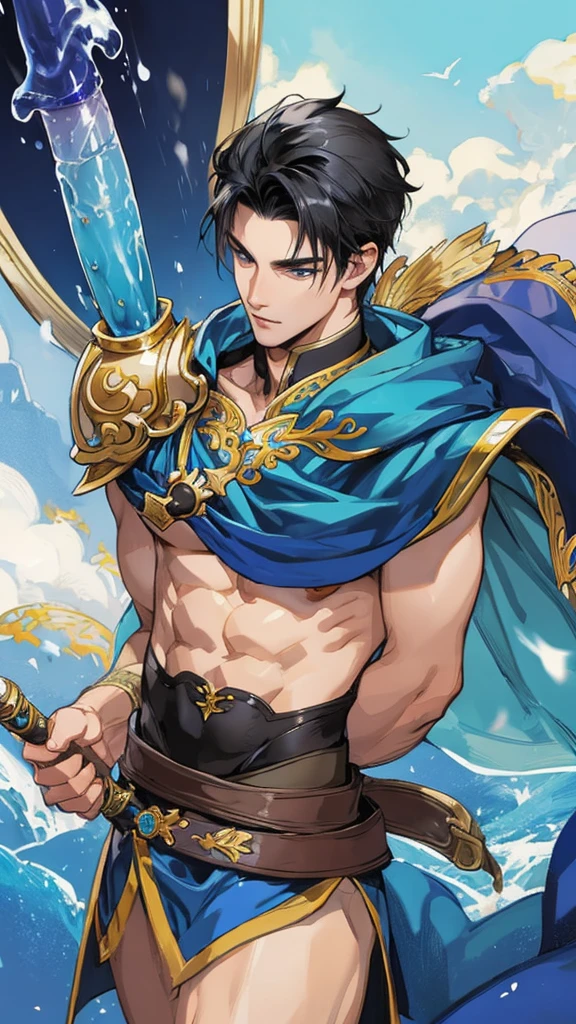A sexy male fantasy warrior with a penis, magical world, masterpiece ,black hair, detailed face and eyes