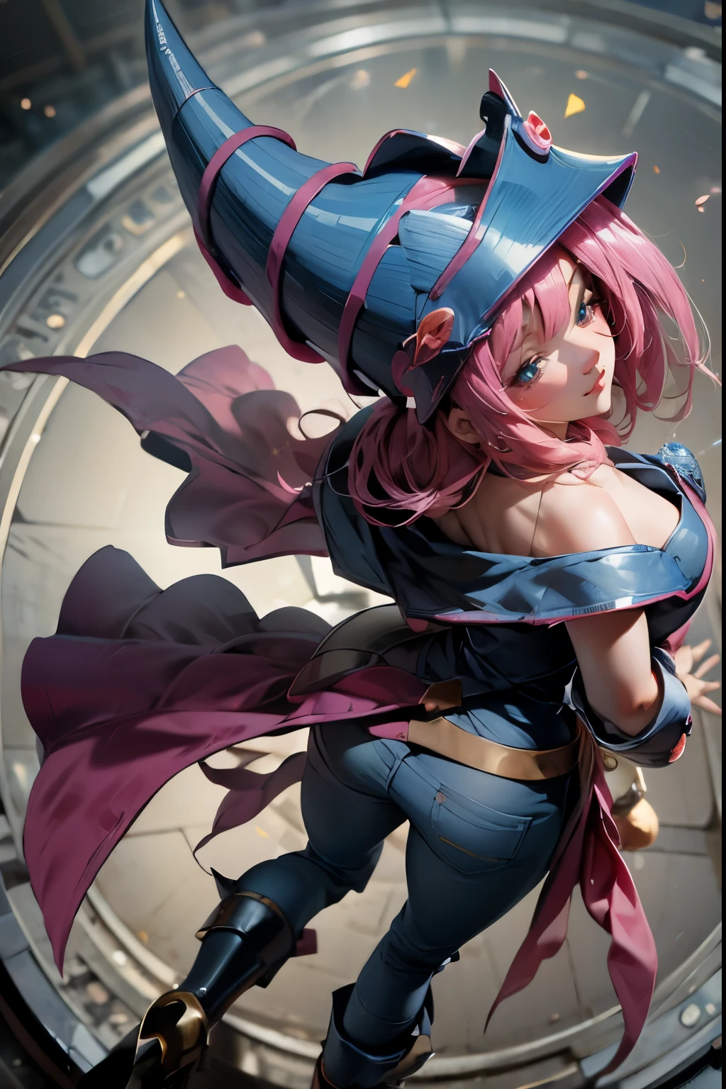 (Masterpiece:1.2), (The best quality:1.2), perfect lighting, Dark Magician Girl casting a spell, in battle. floating in the air, big and visible tits, wear jeans and heels. transparent neckline, blue robe, big hat, From above, sparkles, Yugioh game, The magic of the heart, romantic heart.