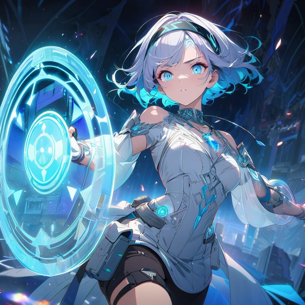 Create an image of a gentle girl with short, silvery-blue hair wearing a fitted, high-collar, long-sleeved shirt with glowing runic patterns, slim-fit cargo pants, fingerless gloves with LED strips, articulated knee guards, and sturdy, glowing-trim combat boots; she has a high-tech headband, (nude:0.8) a silver necklace with a crystal pendant, and a wrist-mounted holographic projector, and she is generating a large, translucent energy shield with intricate, glowing blue patterns, standing in a dynamic yet gentle pose with a dark, dramatic background illuminated by blue light and energy waves, detailed gorgeous face| anime style| key visual| intricate detail| highly detailed| breathtaking| vibrant| panoramic| cinematic| Carne Griffiths| Conrad Roset| gibbli 8